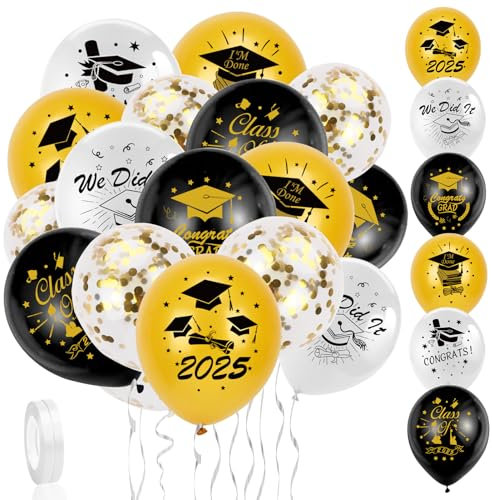 HOWAF Abschlussfeier Luftballons, 30 Stück Prüfung Bestanden Deko Abschluss Ballon Set für Abi 2025 Deko Abitur Bachelor Deko Abschluss deko Graduation deko Silber Schwarz Gold