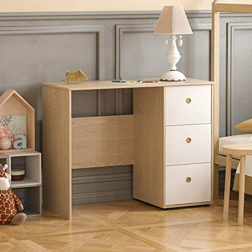 Junior Vida Neptune - Escritorio de 3 cajones para computadora, computadora portátil, estación de Trabajo, Estudio en casa, Muebles para niños (Blanco y Roble)