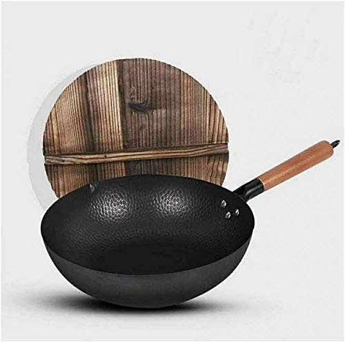 Wok De Hierro Fundido Con Tapa De Madera De 32 Cm De Diámetro Y Mango De Madera Grande
