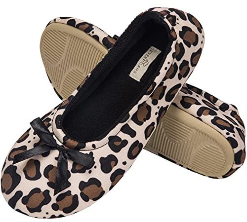 EverFoams Women's Ballerina Slippers Lightweight Comfy Memory Foam House Shoes with Stretchable Heel Design Leopard Tan 5/6 UK