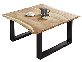 SAM Couchtisch 90 x 90 cm Billy, echte Baumkante, Akazienholz naturfarben, massiver Sofatisch, U-Metallgestell Mattschwarz