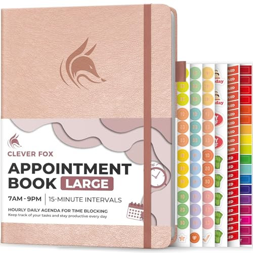 Clever Fox Appointment Book – Hourly Schedule Planner with 15-Minute Increments – Time Box Planner for Daily Work & To-Dos – Weekly & Monthly Spreads, Undated, Hardcover, A4 size, (Rose Gold)