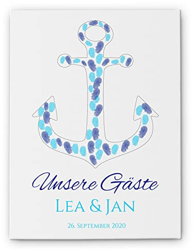 Fingerabdruck Hochzeitsleinwand Anker - tolle Alternative zum Gästebuch - Fingerprint Leinwand für Fingerabdrücke der Gäste - optionaler Stift und Stempelkissen - süßes Hochzeitsgeschenk