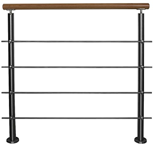 TIBU Geländer mit Eiche Handlauf und waagerechten Streben Länge 60-500 cm | Geländer aus Edelstahl V2A, Treppe Balkon Innen & Außen Aufmontage, Variante: 4 Streben, Länge 1,0 m mit 2 Pfosten