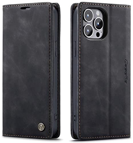 ZOETEC Wallet Case for iPhone 13 Pro Max Genuine Leather Flip Magnetic Case With Card Slots/TPU Shell, Anti-Slip & Shockproof (Black)