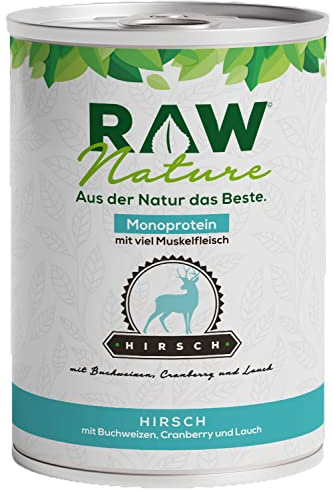 RAW Nature Hirsch Pur Hunde-Nassfutter – 400g, Buchweizen & Cranberries | Getreidefreies Alleinfuttermittel für Hunde mit Hirsch als Monoprotein, hohem Fleischanteil, Buchweizen und Cranberries.
