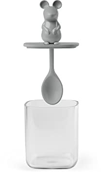 Qualy Lucky Mouse Vorratsbehälter mit Löffel und einem Volumen von 250ml, 8x7,2x7,2 cm, QL10365-CL-GY