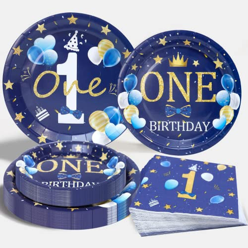 Erster Geburtstag Partygeschirr, Blau Gold 'ONE' Geburtstag Teller Partygeschirr set für 24 Gäste, Pappteller Geburtstag für Junge, Mädchen Erster Geburtstag Party 1. Geburtstag Dekorationen