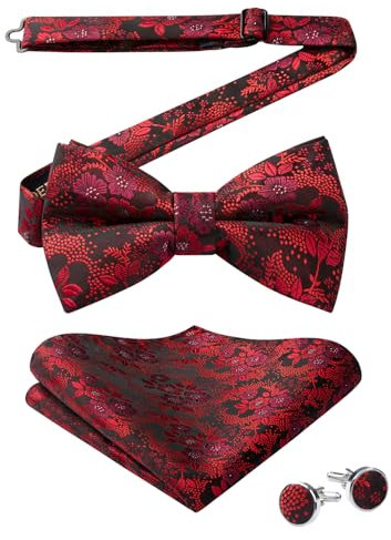 HISDERN Fliege Einstecktuch Set Herren Blumen Fliegen und Taschentuch mit Manschettenknöpfe Bereits Gfebunden Schleife für Hochzeit Sfeier Weihnachten Halloween,Rot