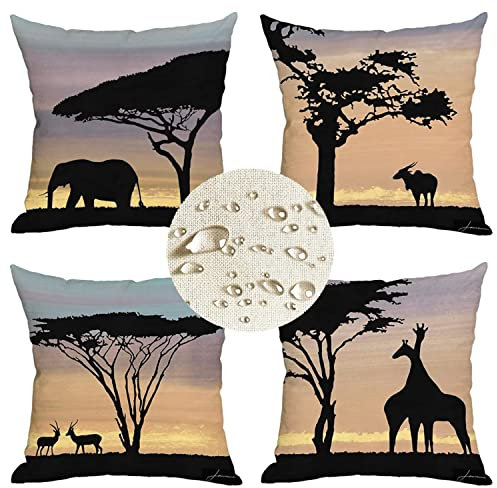 Afrikanische Tiere Kissenbezug 45x45cm Kissenhülle 4er Set Dekorative Kissenbezug mit Unsichtbarer Reißverschluss wasserdichte Leinen kissen für Sofa Dekokissen Sofakissen Garten Outdoor Dekor A44