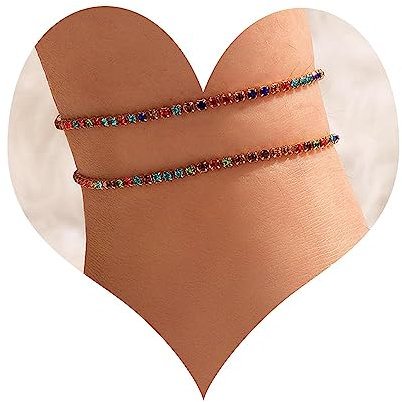 Wendalern Boho Geschichtet Tennis Knöchel Armbänder Bunt Strass Tennis Kette Fußkettchen Zierlich Regenbogen Cz Diamant Fußkettchen Strand Kristall Kette Fußkettchen Fußschmuck Für Frauen (2 Stück)