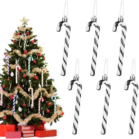 13cm Black White Glitter Candy Cane Christmas Decorations - 6pcs Xmas Tree Pendant Hanging Ornaments for Holiday New Year Party Decor