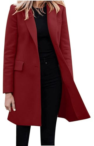 L9WEI - Abrigo de invierno para mujer, elegante, de lana, con solapas, largo medio, de entretiempo, moderna, color liso, resistente al viento, rojo, XXL