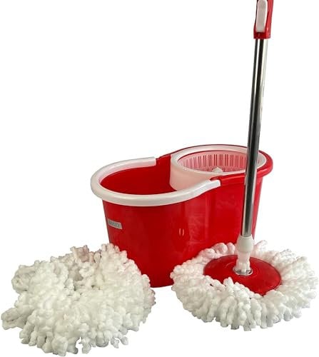 HYFIVE Juego de fregona giratoria y cubo de fregona con 2 cabezales de microfibra superabsorbentes, mango giratorio fácil de presionar, mopa de piso y cubo de fregona con ruedas, mopa giratoria
