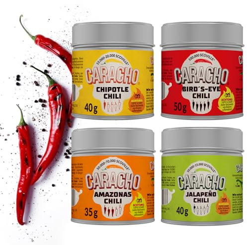 CARACHO 4er Mixed - Jalapeno, Chipotle, Amazonas, Bird Eye (je 1 Dose) Geschrotet Chiliflocken - Perfekt zum Probieren/Verschenken für Chili Liebhaber
