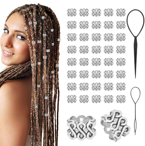 Kiiwah 40 Stück Dreadlock Schmuck mit 2 Stück Flechthilfen, Haarperlen Braids Haarschmuck für Zöpfe Dreadlocks, Haarringe Haarschmuck Pirat Bartperlen Wikinger für Männer Frauen Kind (Silber)