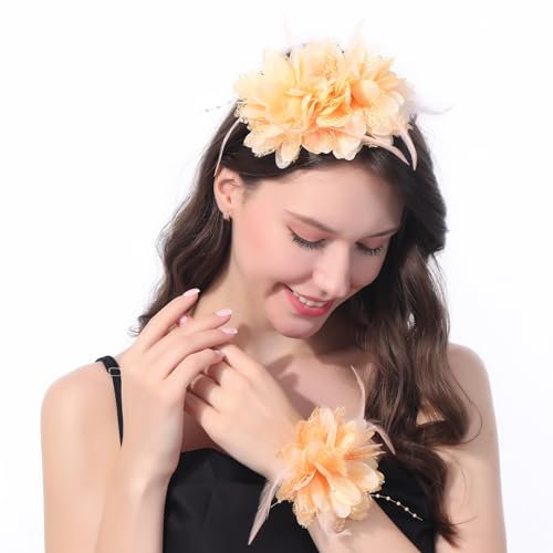 Ladiery Damen Fascinators mit Handgelenk Corsage für Tea Party Frauen Stirnband Feder Blume Kentucky Derby Hut