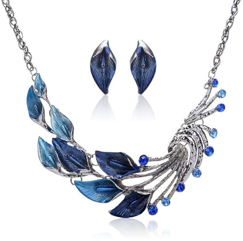 FDCGAS brautschmuck - Set mit Halskette und Ohrringen, ethnischer Stil, Tibetisches Silber, Blau, Pfauen-Design, Kristall, Ohrringe und Halskette, Set für Hochzeitsfeier