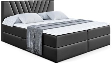 ALTDECOR Boxspringbett mit Multipocket-Matratze H4 (20 cm hoch) mit + PUR + Kokosmatte, Topper (5 cm hoch), Polsterbett mit Kopfteil und Bettkasten - ERNINA - 120x200 - Schwarz Kunstleder