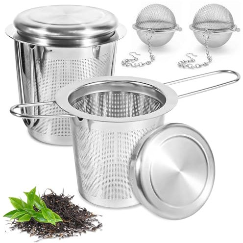 BUOAZR Filtre à Thé, 2PCS Infuseur à thé Trou Fin, 2PCS 4.5cmFiltre à thé en Forme de Boule, en 304 Acier Inoxydable, Passoire à Thé Trou Fin avec Poignées Pliable et Couvercle pour Théière, Tasse