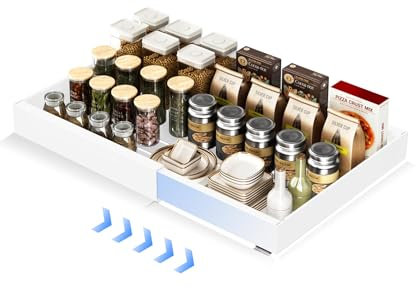 Cajones Extraibles Para Cocina,No Requiere Perforación Organizador Cajones, Ampliable Pull Out Cabinet Organizer Cajon Telescopico Adhesivo Para Cocina Baño Armario 32-52x42x7cm(1, Blanco)
