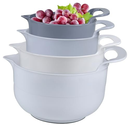 Cheeren Mixing Bowls - 4 Piece Nesting Plastic Mixing Bowl Set with Pour Spouts and Handles - Non Slip Bottom and Measurement Markings (Light Gray)