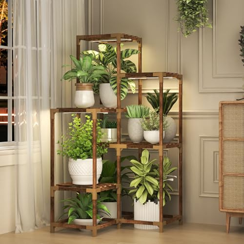 HOMKIRT Eck-Pflanzenständer mit Wachstumslichtern, Pflanzenregal für mehrere Pflanzen, Pflanzenregal aus Holz, Blumenständer für Terrasse, Veranda