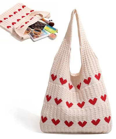 Lunyloer Gestrickte UmhäNgetasche, 38×35cm Gestrickte Tasche, HäKeltasche Tote Bag, HerzföRmige Strandtasche Schultertasche Gewebte Tasche Crochet Bag für Teenager Und MäDchen HerzföRmige Mode