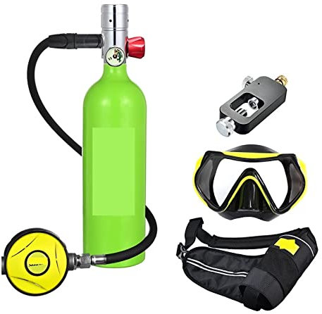 DIKAMAN Mini Bouteille de plongée, Bouteille D'oxygène De Plongée sous-Marine Capacité 1L Respirateur De Plongée Portable pour l'exploration sous-Marine et Le Sauvetage(Green Bottle Silver Head)