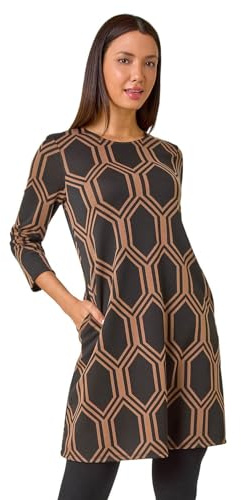 Roman Originals Tunic Dress with Pockets for Women UK Ladies Swing Fit & Flare Skater Slouch Stretchy Casual Smart Winter Jersey Pull On Work Office 3/4 Long Sleeves - Tan - Size 10