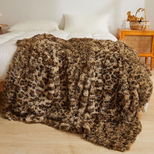 XeGe Luxus Kunstfell-Leopardenmuster-Decke, Weiche Gepardenmuster Flauschige Bettdecke, Schilfartiger Plüsch Deko-Decke für Sofa, Süße Flauschige Tierdruck-Decke für Sofa Bett, Braun, 152x228 cm