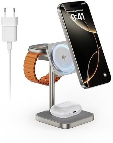 LULULOOK [Certificato Qi2] stazione di ricarica per Apple Watch e iPhone, in alluminio 3 in 1 con ricarica rapida da 15 W, per iPhone 17/16/15/14/13/12, 5W per Apple Watch Ultra 3 2 1, AirPods Pro 3
