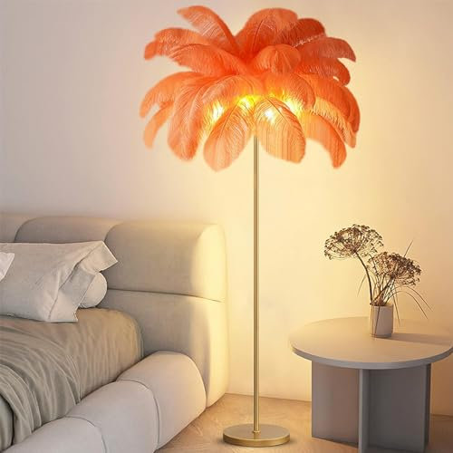 WQZzjm Ostrich Feather Floor Lamp Tree Shaped Floor Lamp, Elegant Natural Ostrich Feather Floor Lamps, Romantic Princess Bedroom Bedside Lamp, Decorative Lighting Feather Lamp (Orange)