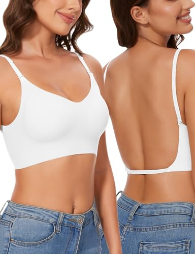 Kiiwah Reggiseno Schiena Scoperta Senza Ferretto, Reggiseno Invisibile Schiena Nuda in Seta Ghiacciata, Doux Bralette Donna con Tracolla Regolabile Rimovibile, Imbottitura Rimovibile (Bianco)