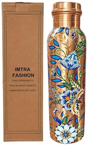 IMTRA FASHION Kupfer-Trinkflasche 950 ML Mit Farbgravur, Ayurvedische Trinkflasche, Auslaufsicher Für Sport Und Yoga