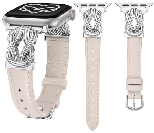 Wearlizer Leather Strap Compatible with Apple Watch Straps 40/38/41/42mm Women, Elegant Slim Dressy Strap with Celtic Knot Buckle for iWatch Series 11 10 9 8 SE 7 6 5 SE 4 3 2 1 Starlight/Silver