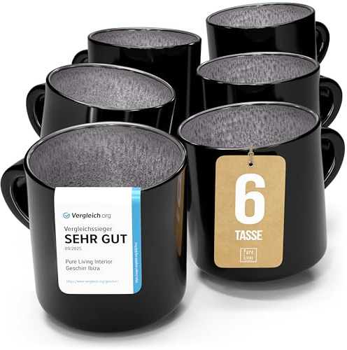 Steingut kleine Kaffeetassen 6 Pers. Ibiza Hochwertiges Mediterranes TEST SEHR GUT Tassen Set, Spülmaschinen-, Mikrowellen- und Kratzfest - Stylisches Tee- und Kaffeebecher Set - Pure Living in Grau