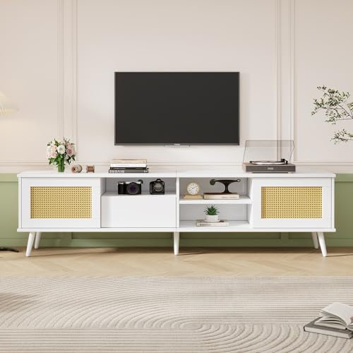 Fppuueg Mueble para TV de 200 cm, Soporte para TV de 90 Pulgadas con Puertas, Cajones y gestión de Cables, Armario Bajo con Espacio de Almacenamiento para Salón Dormitorio, Blanco
