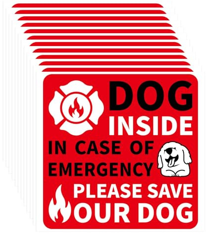 BOXOB 12stk Dog Inside Feuer-Rettungs-Aufkleber, 9x9cm Wasserdicht Notfall-Tieralarm-Sicherheitsaufkleber für Haus Fenster Tür Hilft Feuerwehrleuten Haustiere im Notfall zu Finden