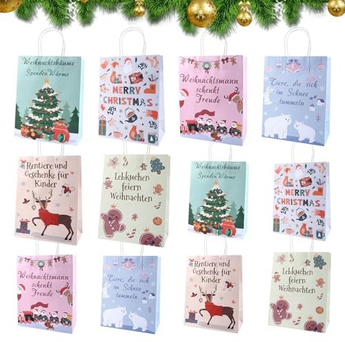 Joxessaien Geschenktüten Weihnachten mit Henkel – 12 Stück Bunte Weihnachts Geschenkbeutel aus Papier, Tragetaschen mit süßen Motiven für Kinder, Party, Deko & Mitbringsel
