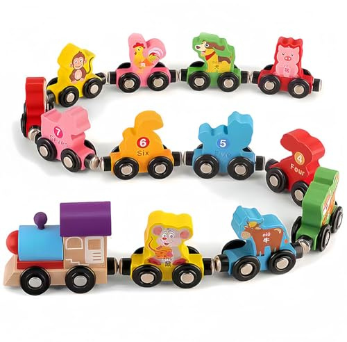Holz Zug Spielzeug Set,Holzeisenbahn Holzes Zugspiel,Magnetische Holzspielzeug,Bunter Tiere Digitaler Zug Motorikspiel Kleinkind Spielzeug Für 1~5 Jahre Jungen Und Mädchen Kleinkinder Geschenke﻿