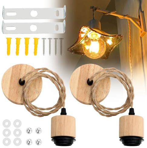 GOEDCH Lámpara colgante de cuerda de cáñamo, 2 unidades, 1,2 m, E27, vintage, lámpara de madera con cuerda de cáñamo, portalámparas, kit de lámpara colgante industrial, lámpara de cáñamo E27, lámpara
