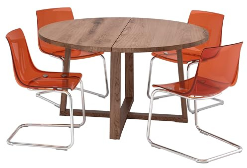 ProTuning TOBIAS/MÖRBYLÅNGA Tisch und 4 Stühle, Eichenfurnier braun gebeizt/braun-rot verchromt, 145 cm