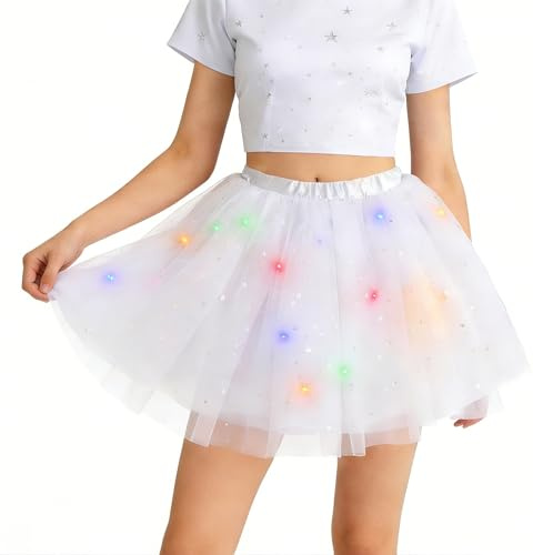 Shengruili Tüllrock Damen LED Tütü Erwachsene mit Lichterkette Beleuchtung 4 Lagig,Tutu mit Futter Erwachsen Teenager TutuParty,TutuRock Minirock mitLED Lichter,80er TütüRock Kurz,45CM