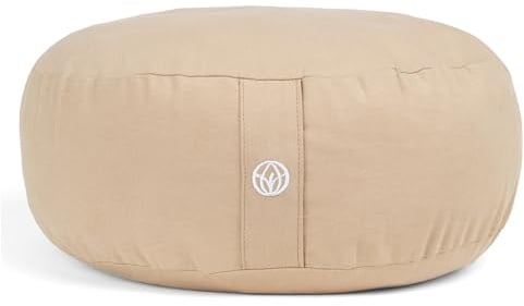 MYLILY Yogakissen Meditationskissen – Yoga Kissen rund Ø 29 cm – 10 cm flach & 255 g leicht – Sitzkissen Boden mit waschbarem Baumwoll-Bezug – vegan – Beige