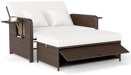 COSTWAY Lounge Möbel Outdoor, Gartensofa mit Liegefunktion | Gartenlounge mit Kissen & Seitenablagen, Rattan Lounge Sofa, Loungebett, Doppelliege 2 Personen, Balkonmöbel Kleiner Balkon