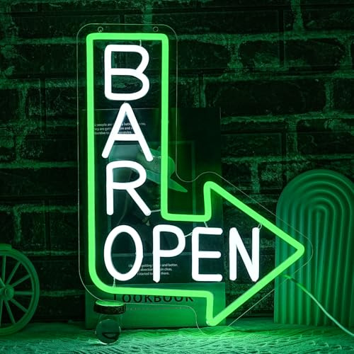 LULANMP Bar Open Neon Schild Pfeil Leuchtreklame Open LED Schild Schriftzug in Grün Neon licht zur Dekoration und Wegweisung in Bars