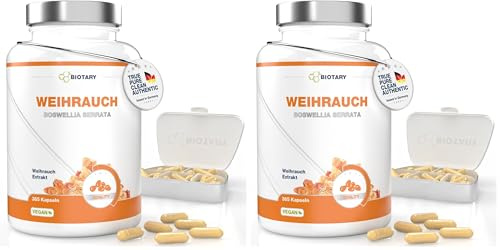 BIOTARY Weihrauch Extrakt 365 Kapseln 940 mg Tagesportion 6 Monatsvorrat inklusive Pillenbox 85% Boswellia-Säure 100% Indisches Boswellia Serrata Vegan, Premium Qualität Laborgeprüft! (Packung mit 2)