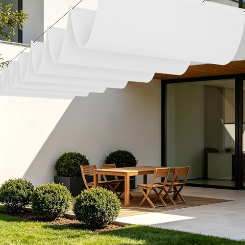 Tenda Parasole a Onda Retrattile 200 x 600 cm Protezione Raggi UV Tenda da Sole Retrattile Ad Onda Resistente Agli Strappi per Terrazza, Pergola, Veranda, Giardino, Bianco