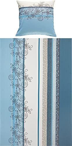 Erwin Müller Bettwäsche, Bettgarnitur Fein-Biber Blumen hellblau Größe 80x80 cm / 135x200 cm - hautsymphatisch, bügelleicht, mit Marken-Reißverschluss